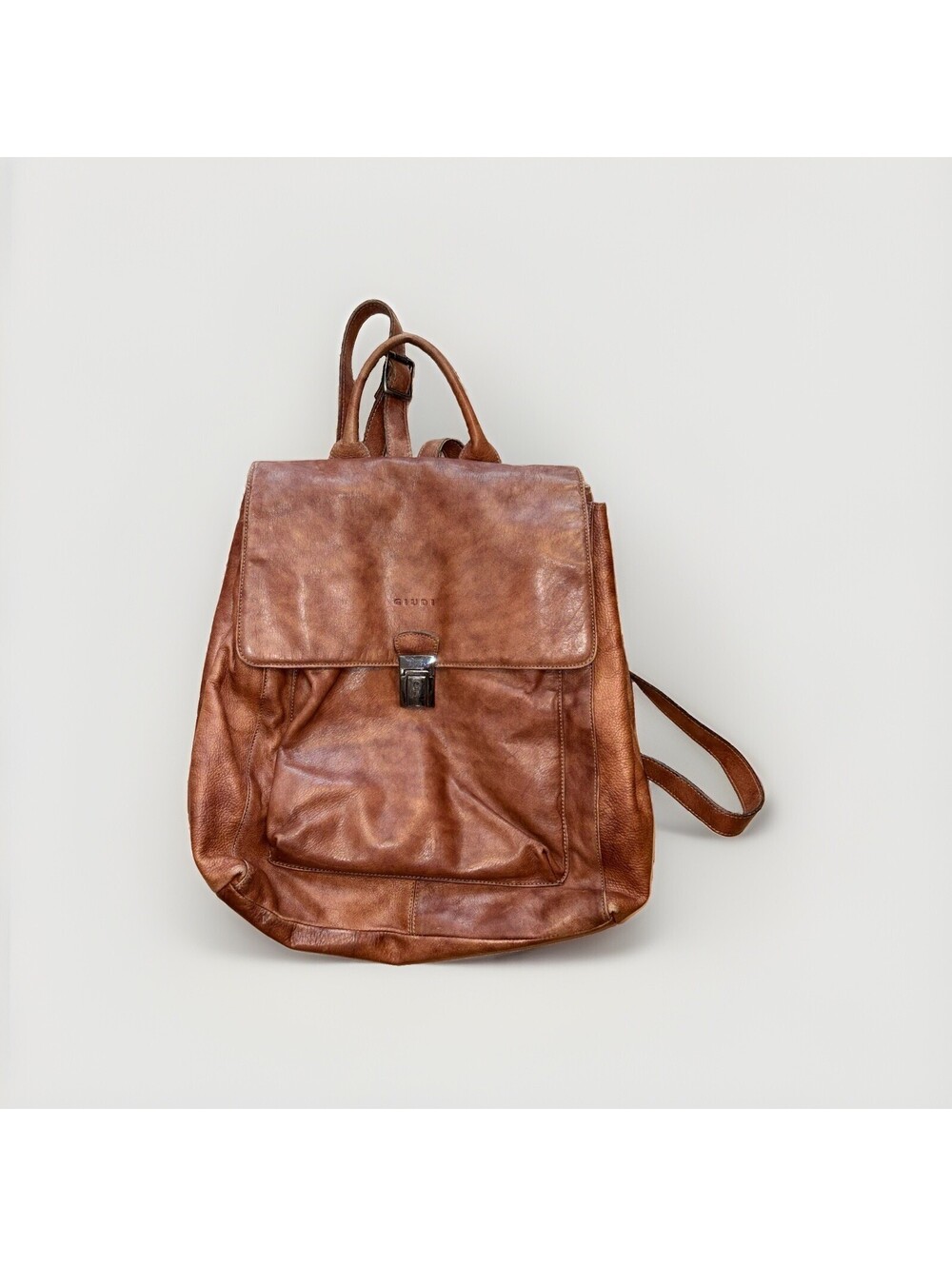 GIUDI Italy Brown Leather Backpack Large Flap Top Handle Distressed Vintage